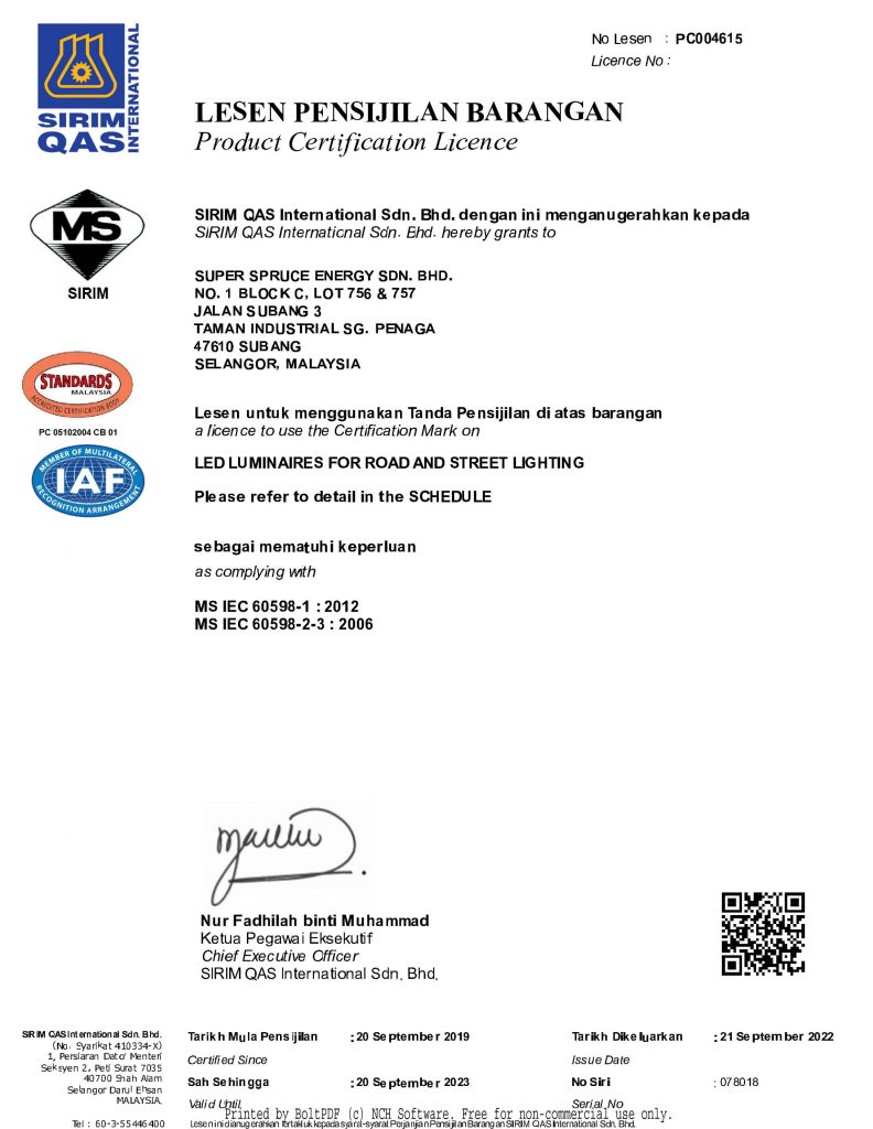 SIRIM Product Certification Licence Starlight